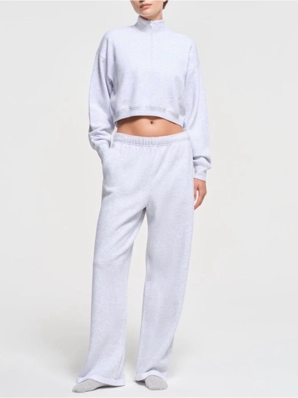 SKIMS Light Gray Cropped Half-Zip Sweatshirt